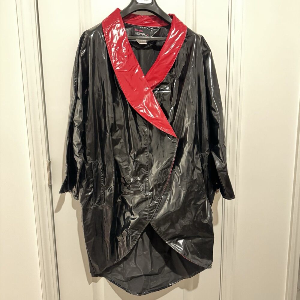 Vintage Wippette Ken Sporn Vinyl Raincoat Black Red Shawl Collar Women’s M
